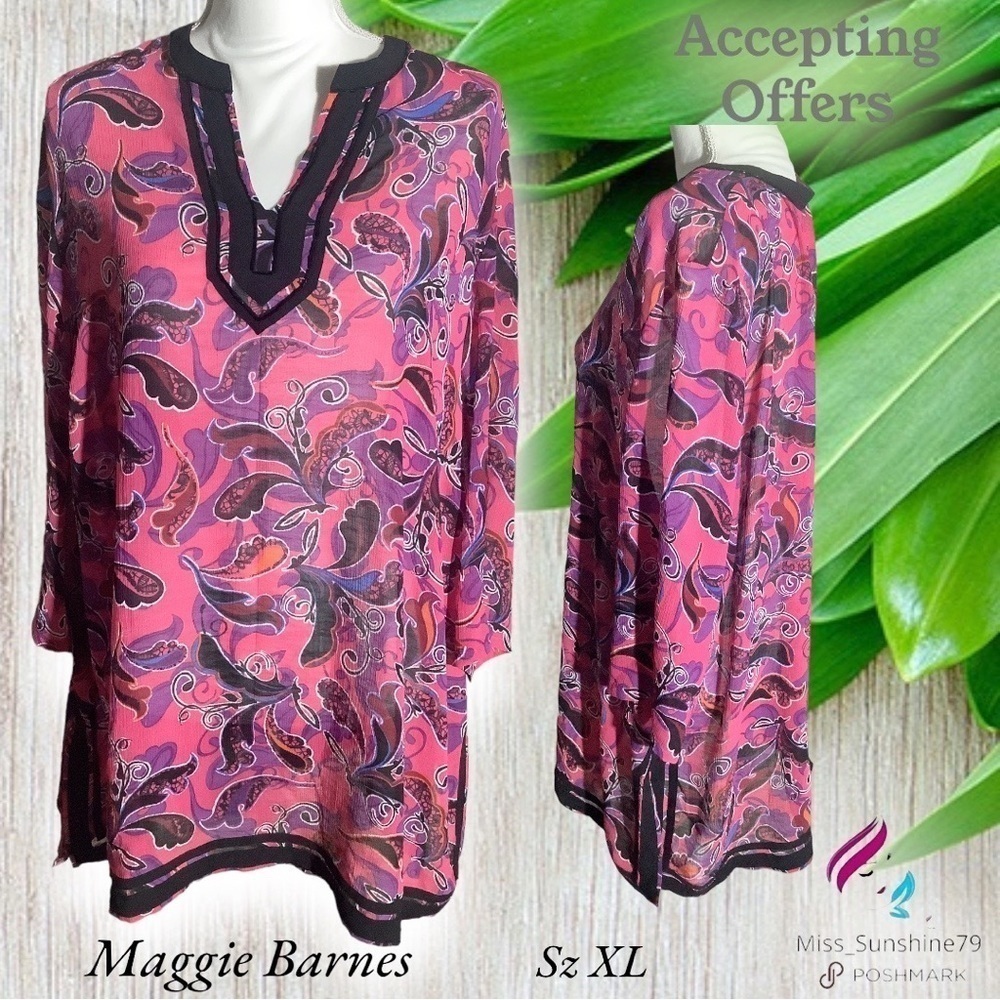 Maggie Barnes - Sz XL - paisley hot pink black sparkle bead trim lightweight